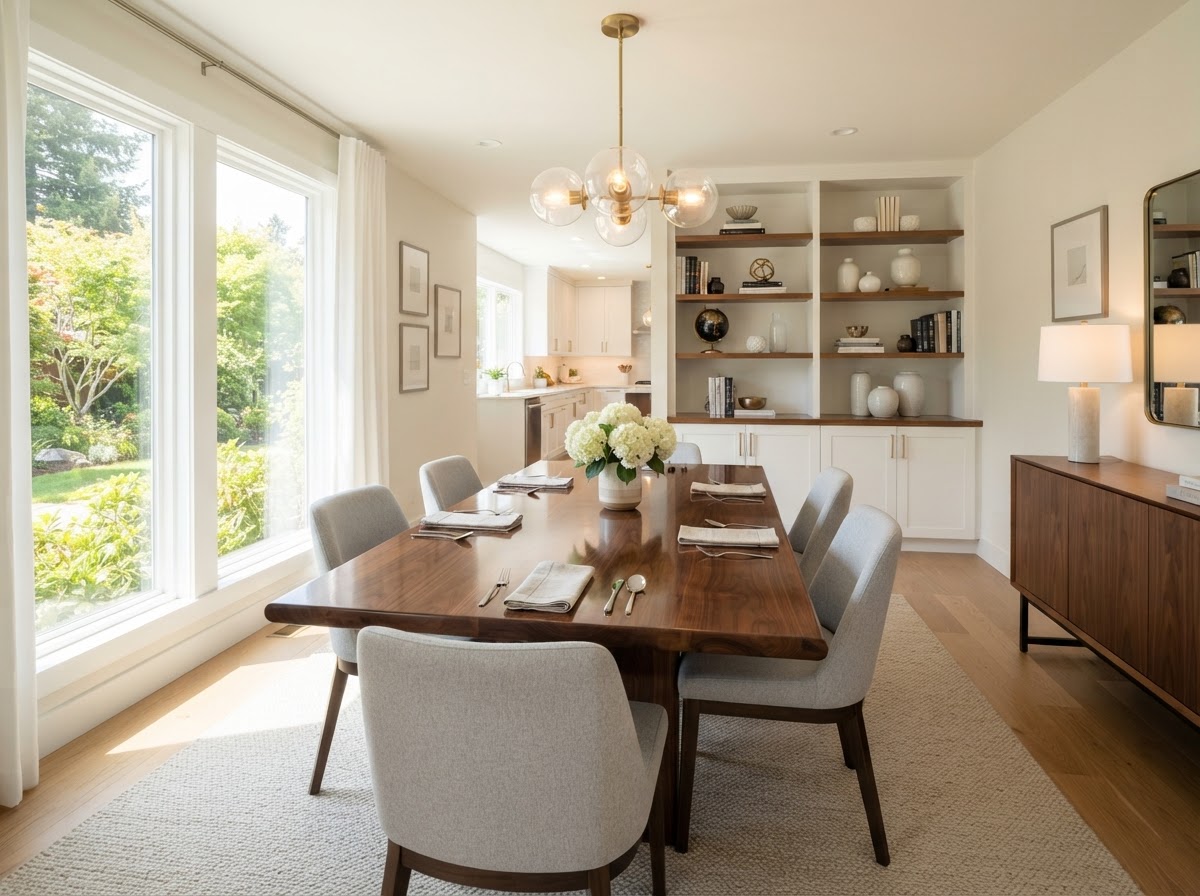 Freshly cleaned modern dining room with a polished table and dust-free shelves after cleaning service