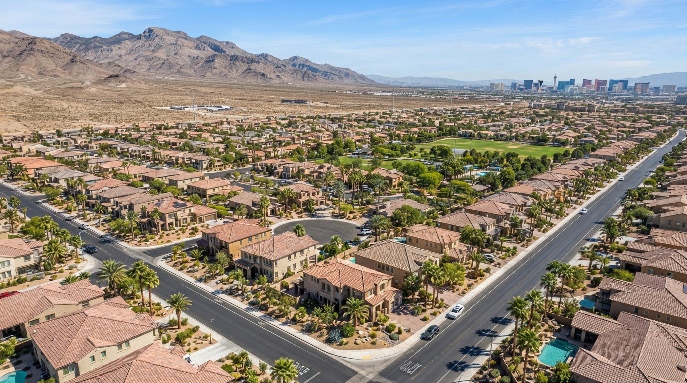 Aerial view of Las Vegas neighborhoods and desert landscaping