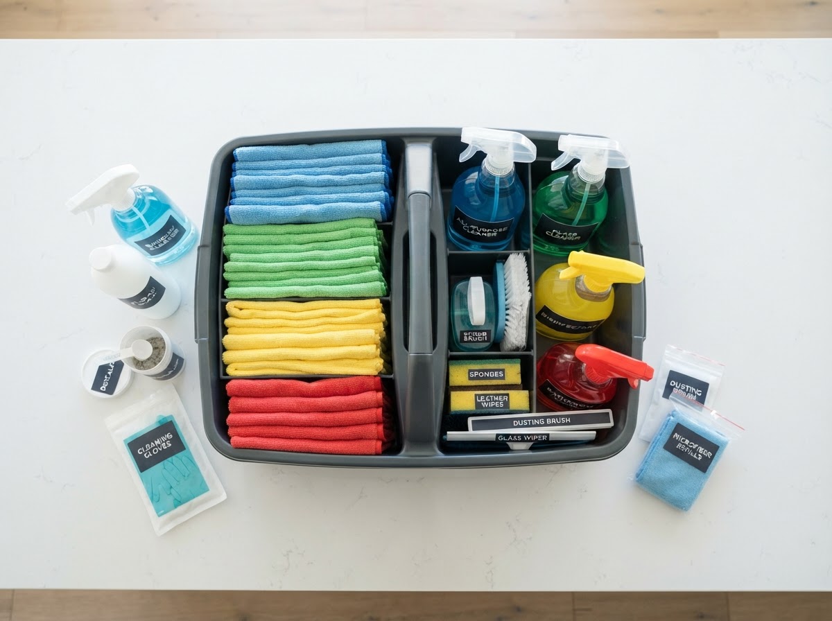 Color-coded microfiber cloths and professional cleaning supplies organized in a caddy