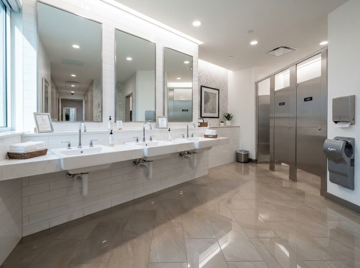 Spotless commercial restroom with clean sinks, shining mirrors, and polished tile floors