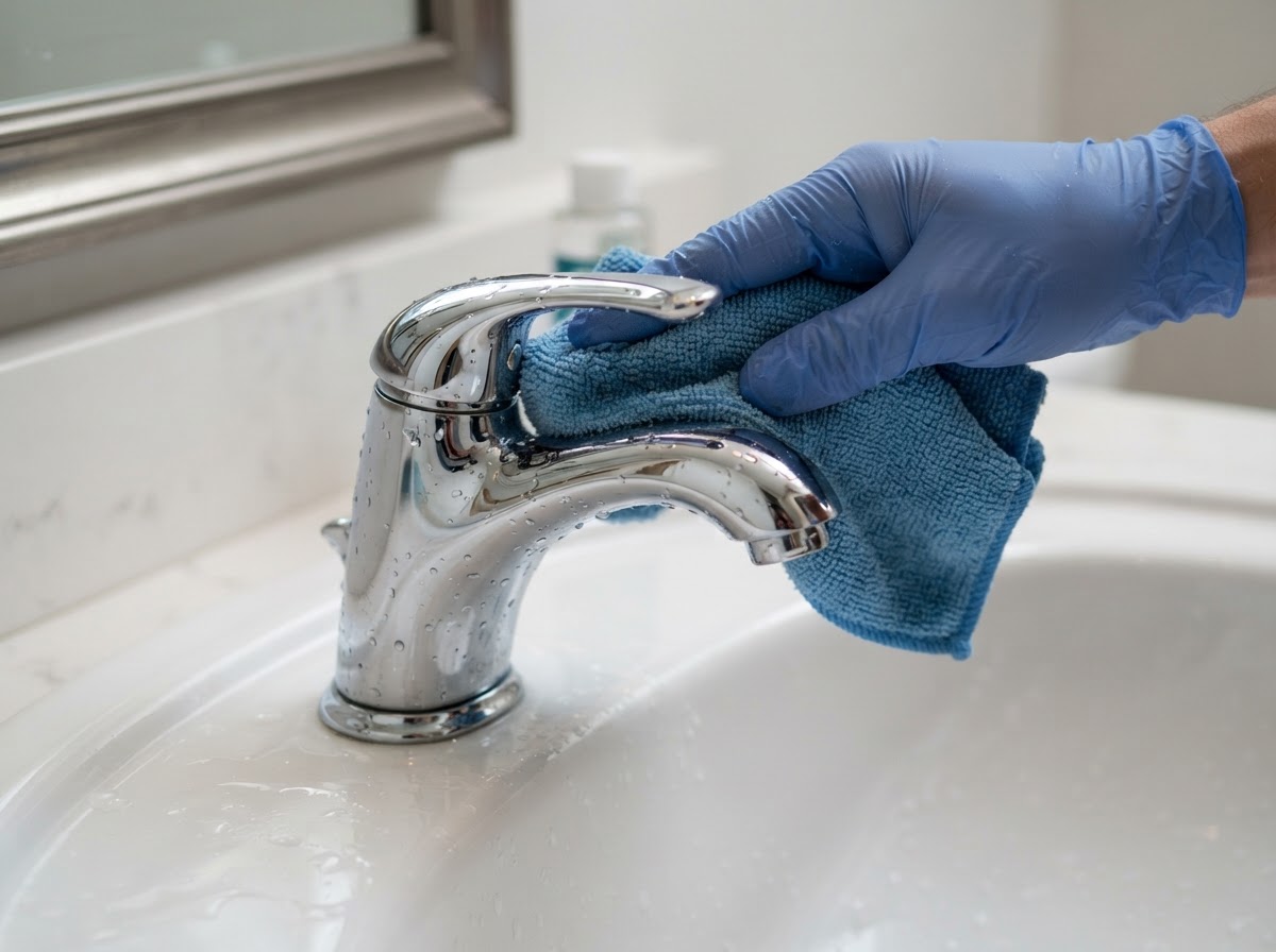 A gloved hand detail-cleaning a shiny bathroom sink and faucet with a microfiber cloth
