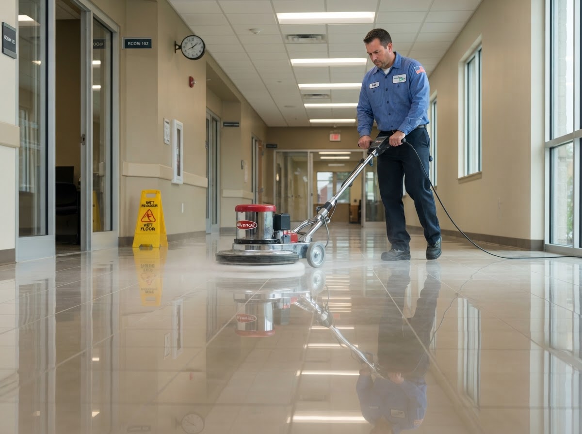 A technician operating a buffing and polishing machine on a glossy tile floor