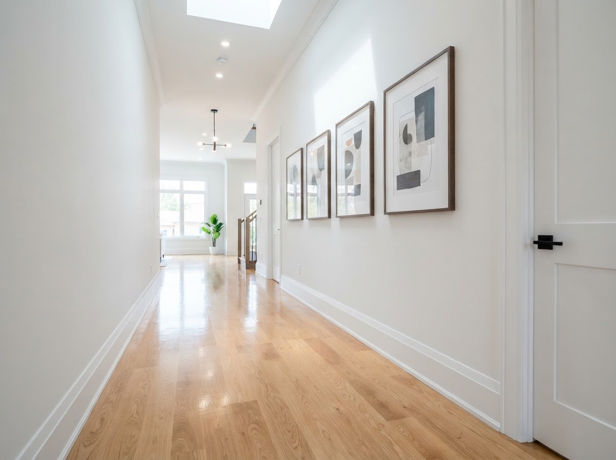 Spotless modern home hallway with clean baseboards, polished floors, and dust-free framed art