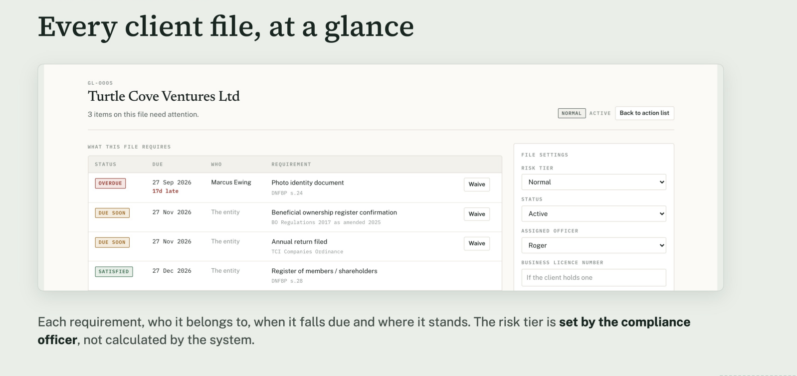 Greenlight client file showing requirements, due dates, statuses, and file settings