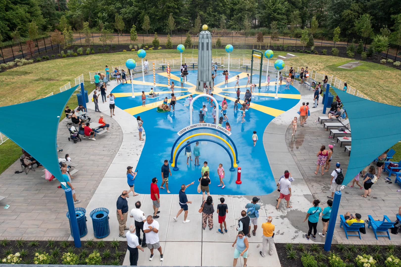 Aerial view of the Edison Splash Park and Papaianni Park lake in Edison, New Jersey