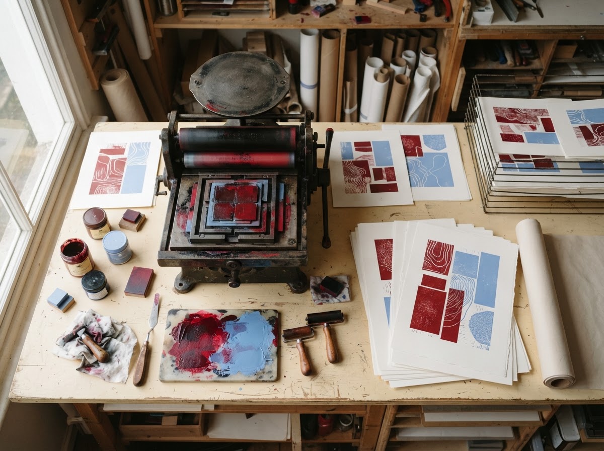 Overhead view of a print studio with freshly printed sheets and a printing press on a cream-toned surface