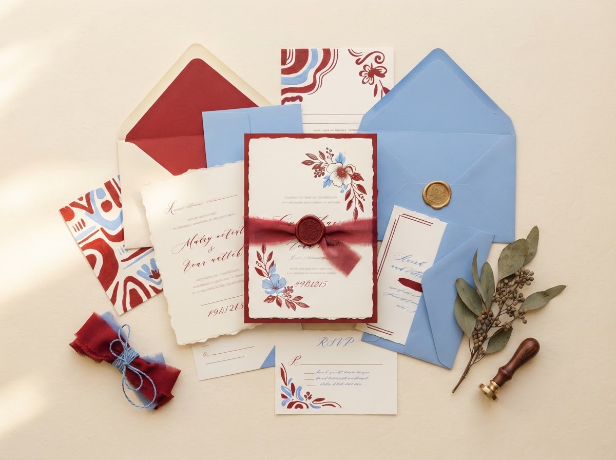 Flat-lay of elegant occasion invitations fanned out on a cream surface