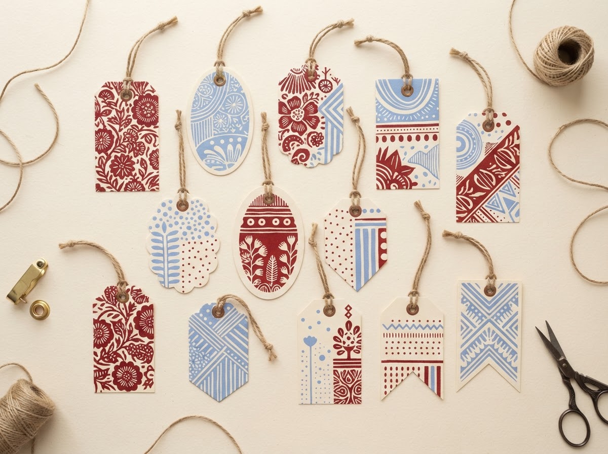 Flat-lay of designed and printed gift tags with twine on a cream surface