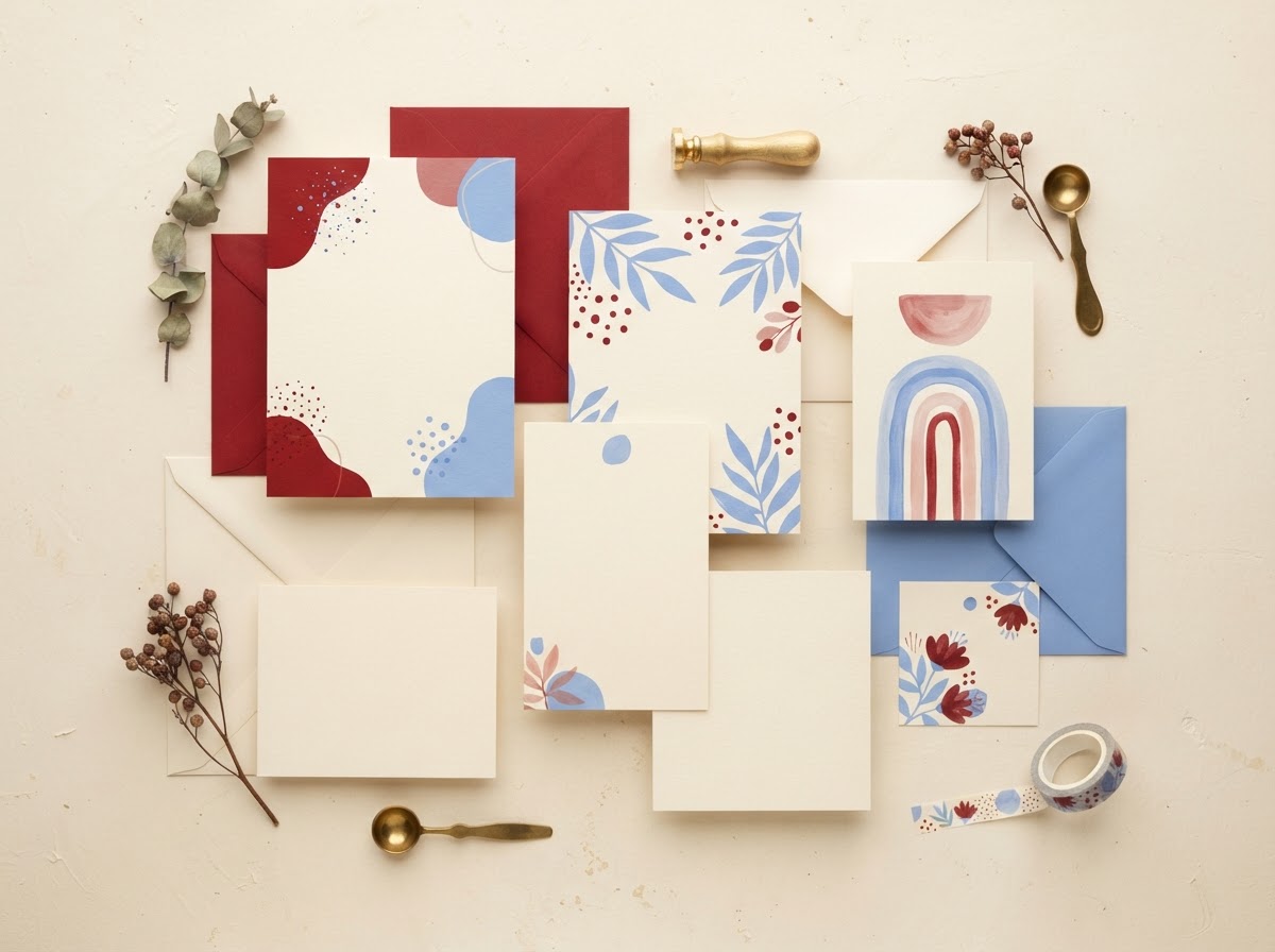 Flat-lay of greeting and occasion cards in different sizes on a cream surface