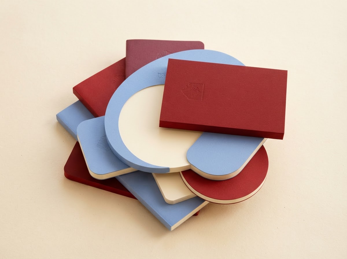 Flat-lay of notepads in standard and unique shapes on a cream surface
