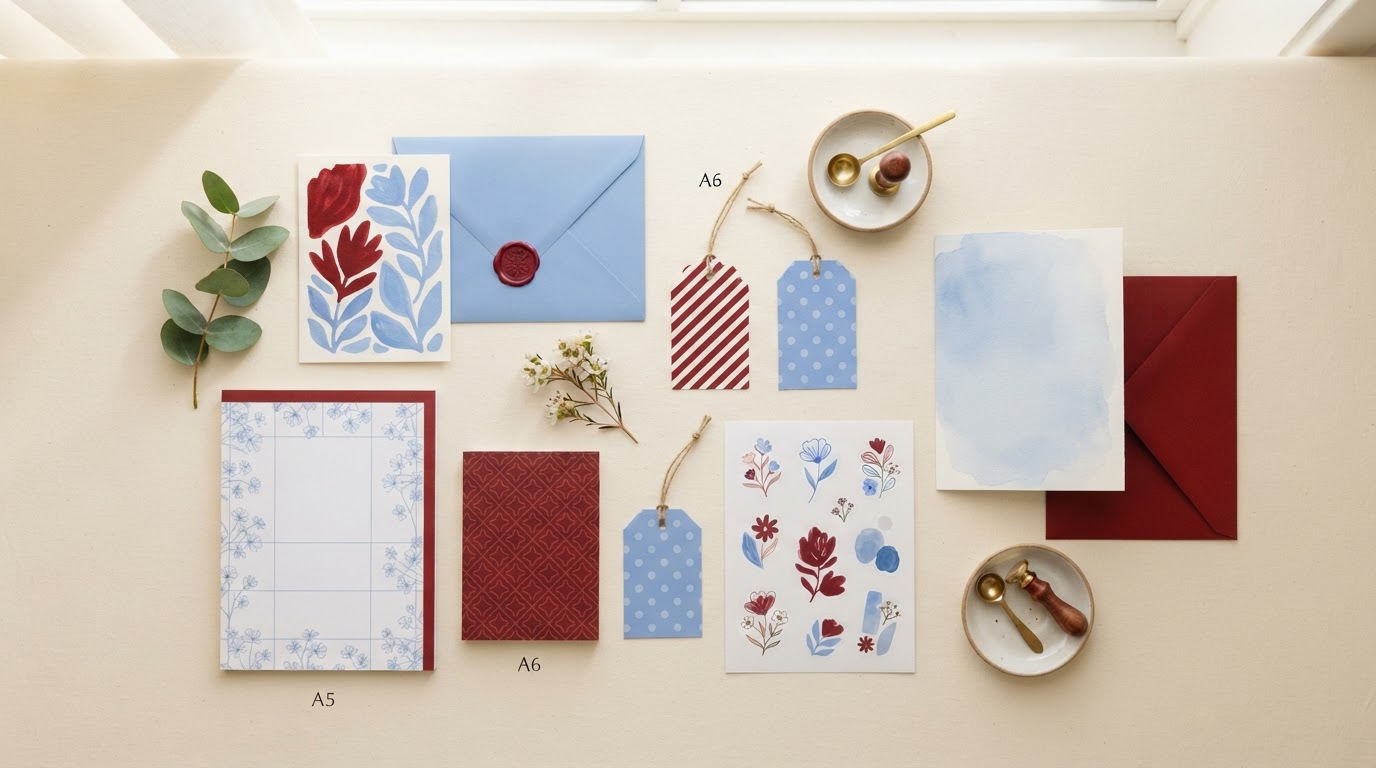 Flat-lay of assorted customized paper goods, envelopes, notepads, and cards on a cream surface
