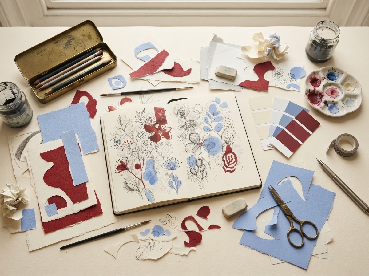 Overhead view of a stationery designer's desk with sketches and color swatches on a cream surface