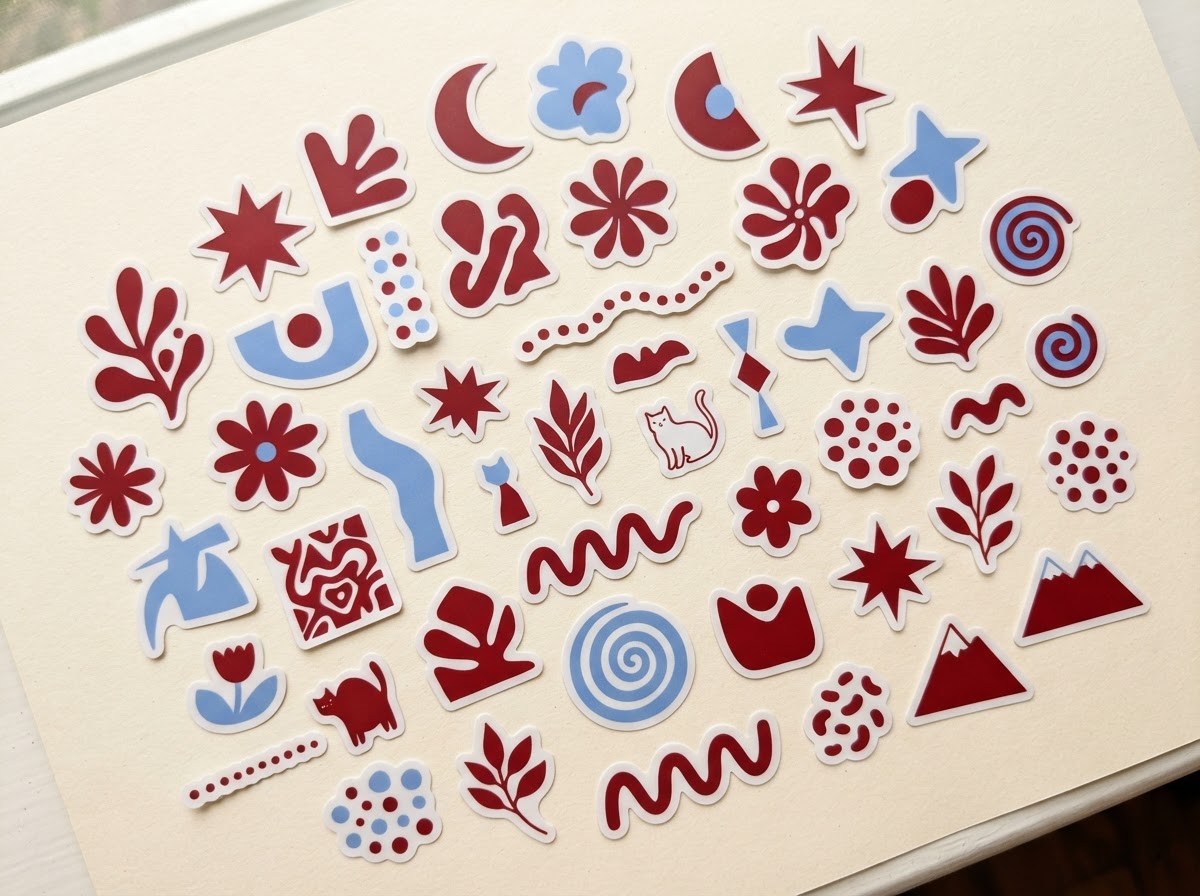 Flat-lay of custom die-cut stickers in various shapes on a cream surface