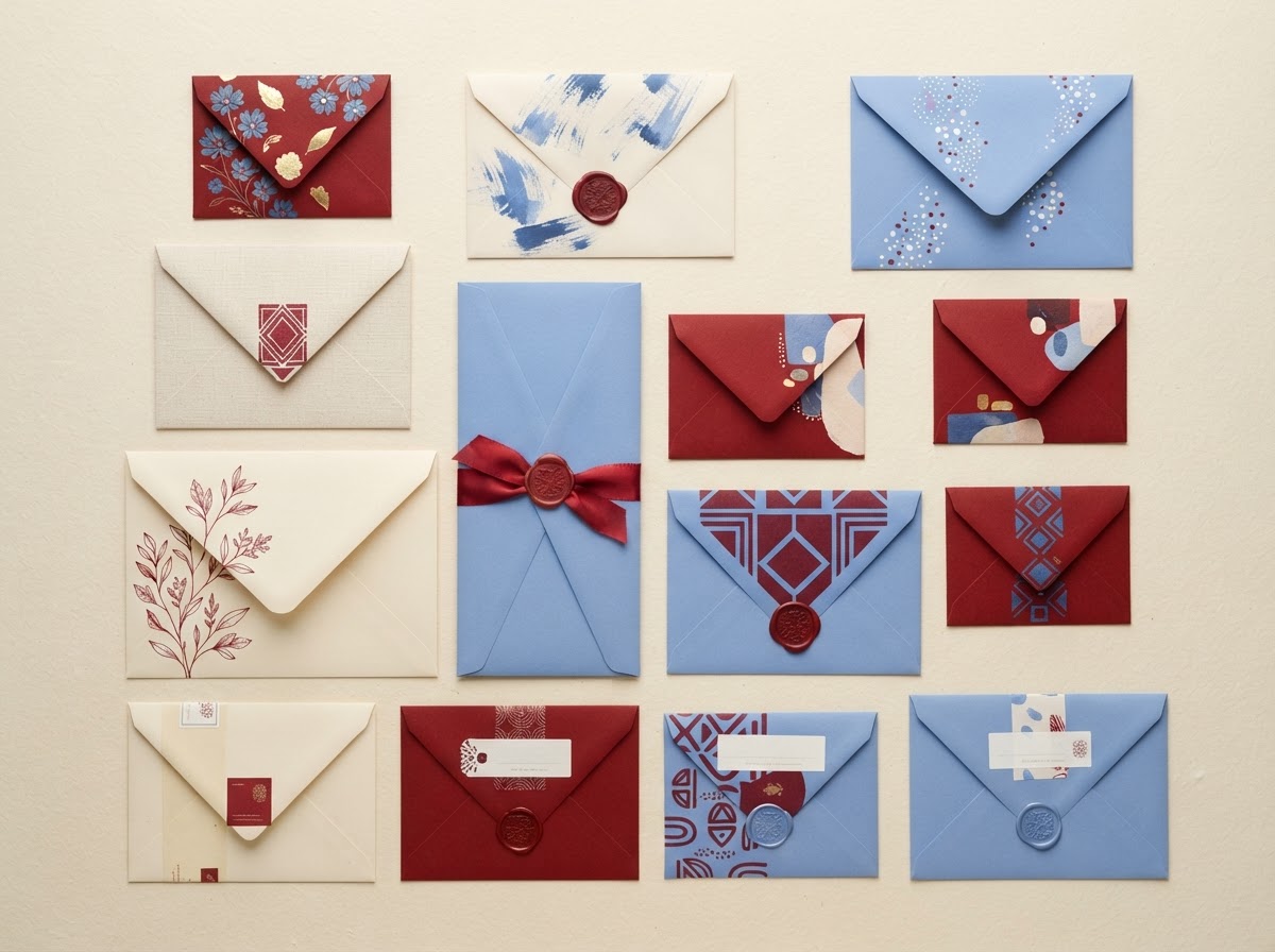 Flat-lay of customized envelopes in various sizes and finishes on a cream surface