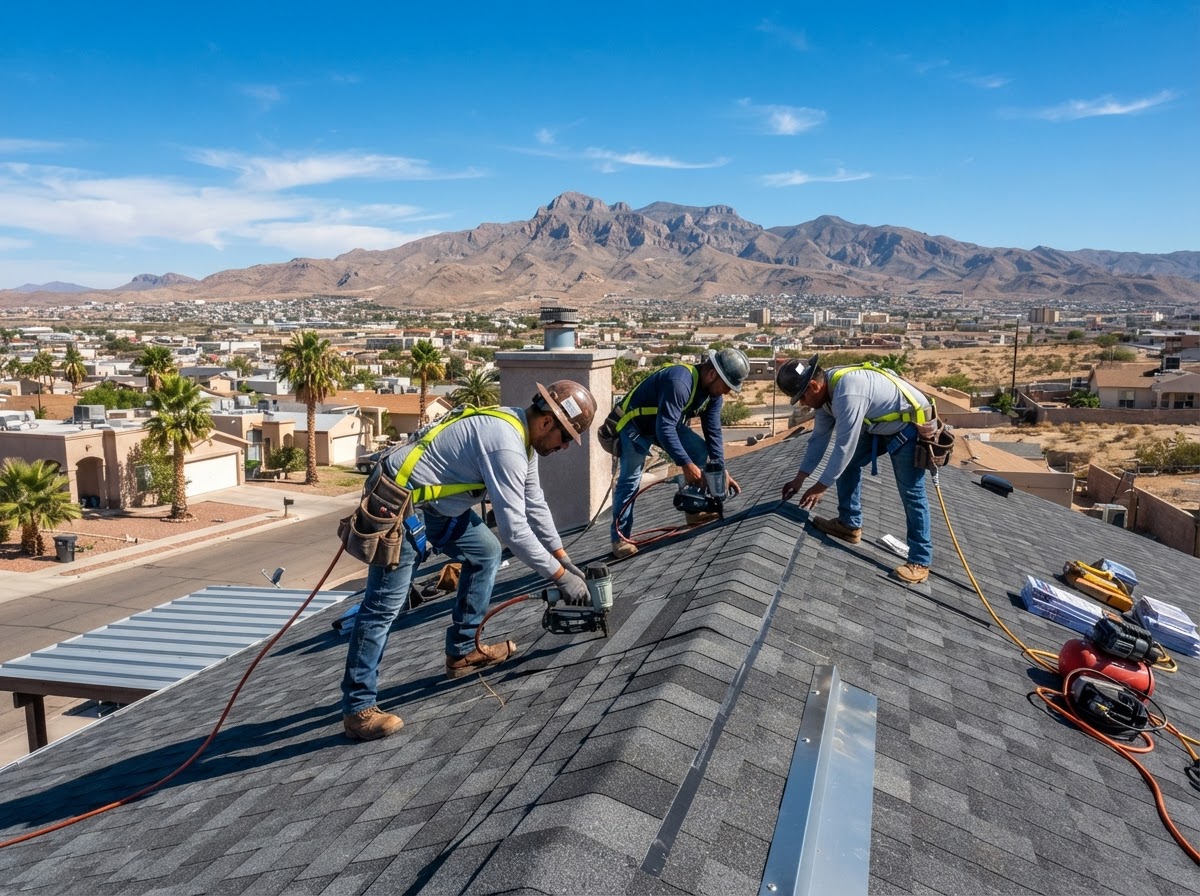 Roofing crew installing new architectural shingles on a residential roof