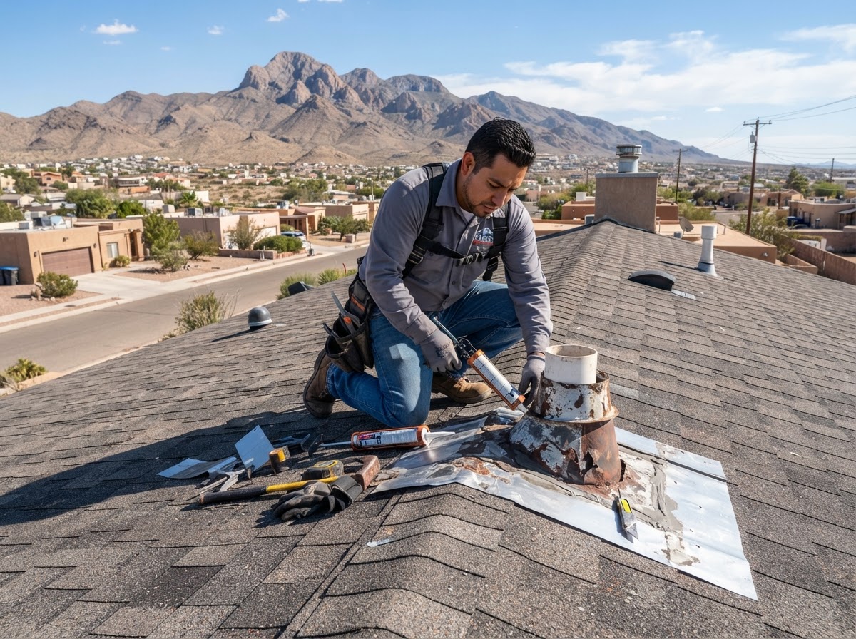 Roofer repairing damaged flashing around a vent pipe on a residential roof