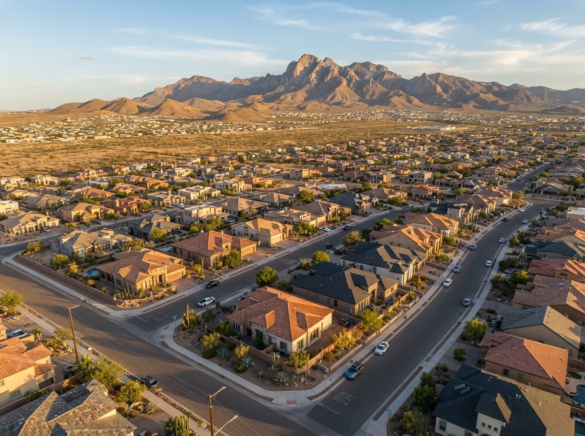 Aerial view of an El Paso suburban neighborhood with clay tile and shingle roofs