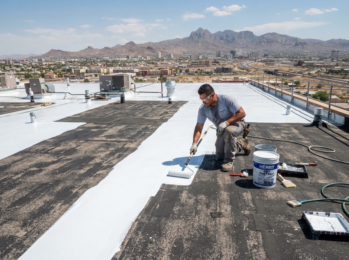 Roofing technician applying silicone coating to a low-slope flat roof
