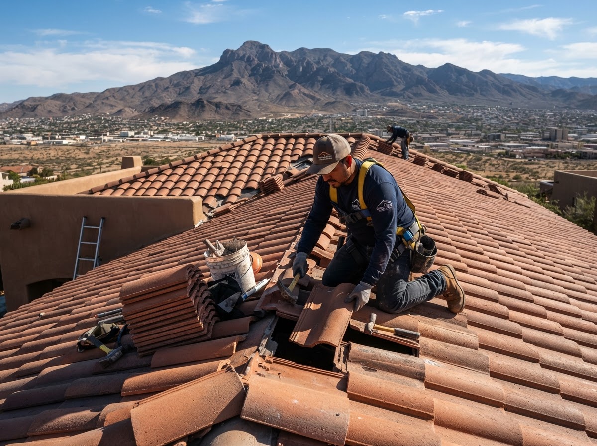 Roofer kneeling on a residential roof inspecting and replacing cracked clay tile