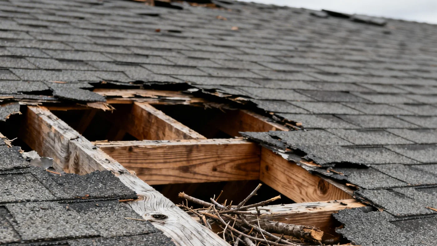 Damaged shingle roof with gaping hole and exposed rafters from severe storm damage