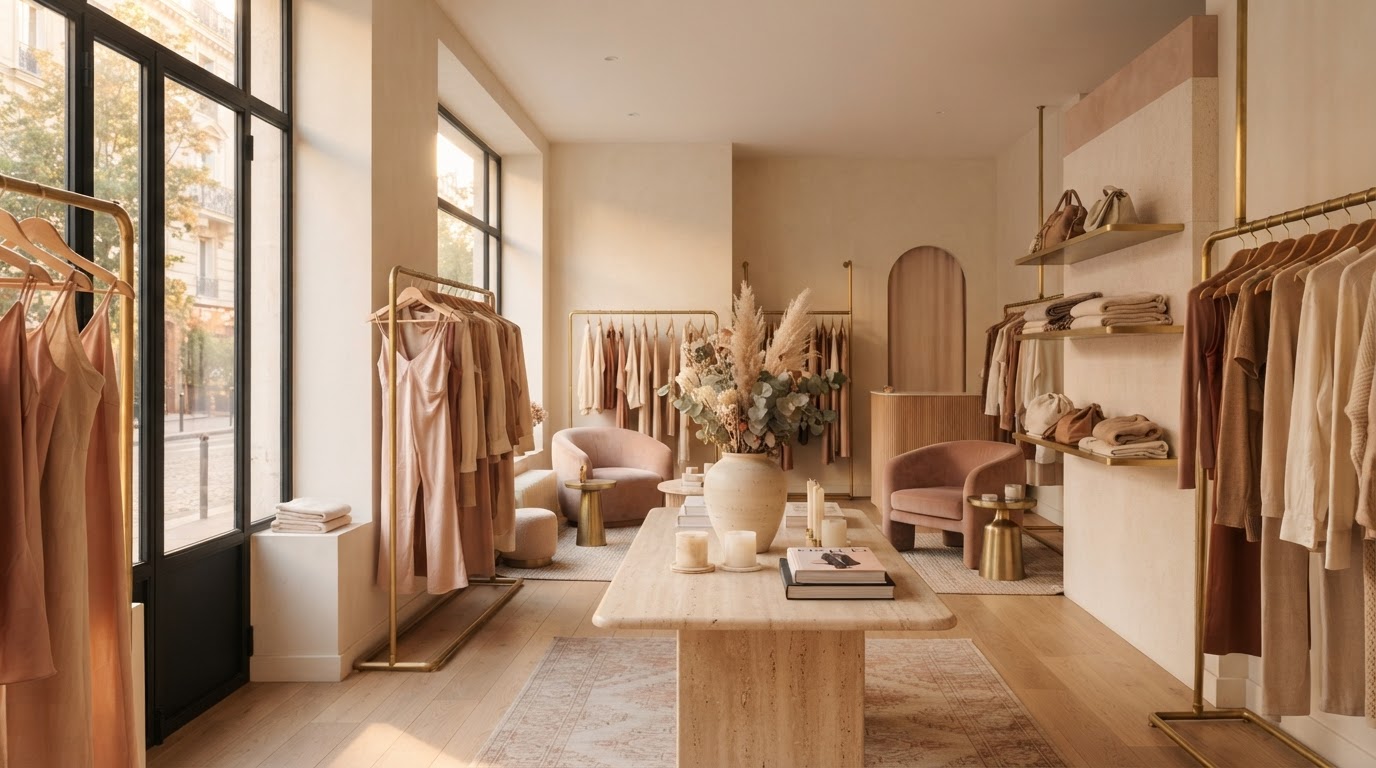 The warm interior of Aurelia & Co. boutique, with soft light, brass fixtures, and curated clothing rails