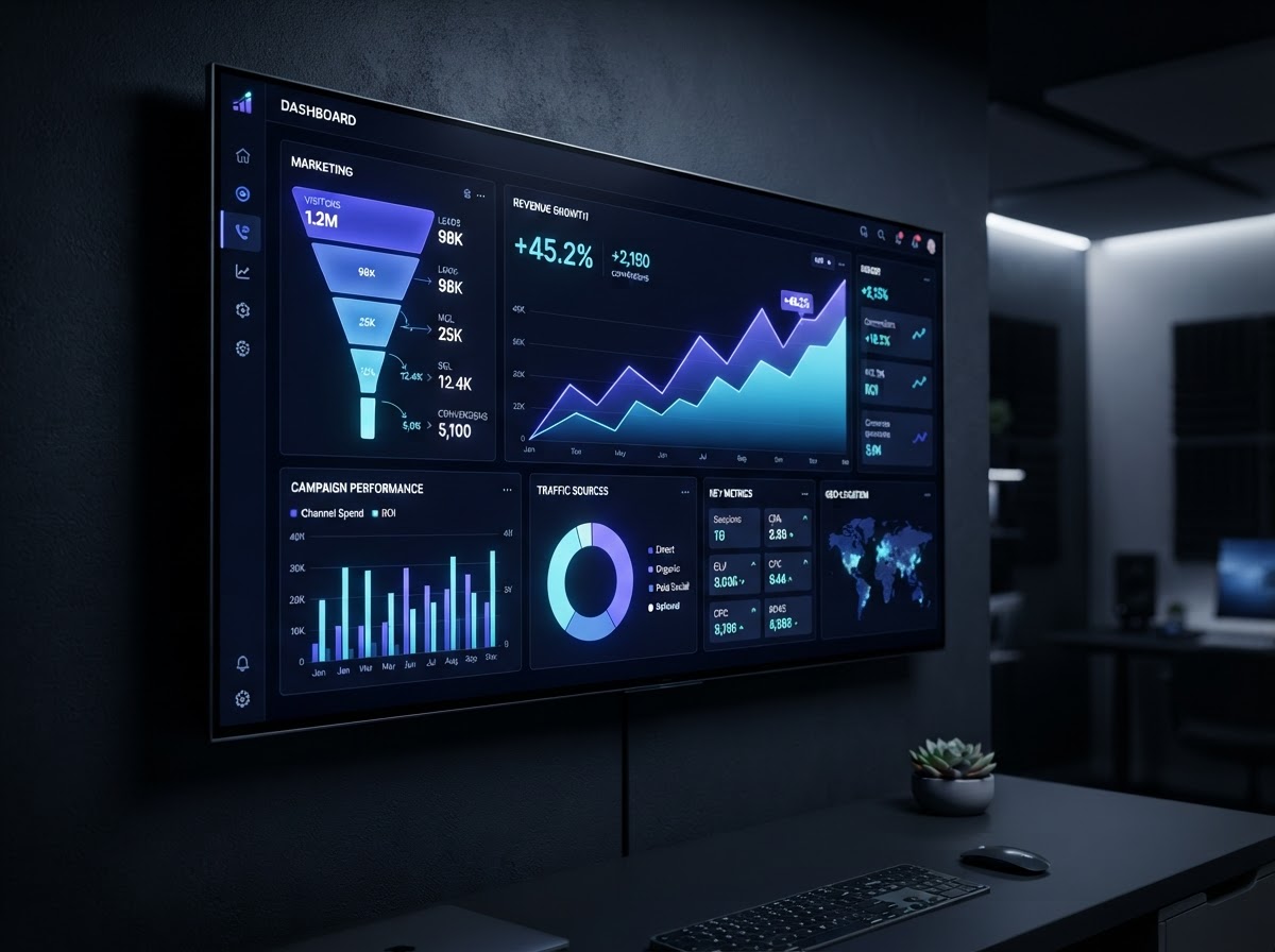 BizSurge integrated digital marketing growth dashboard showing rising analytics, charts, and campaign performance signals