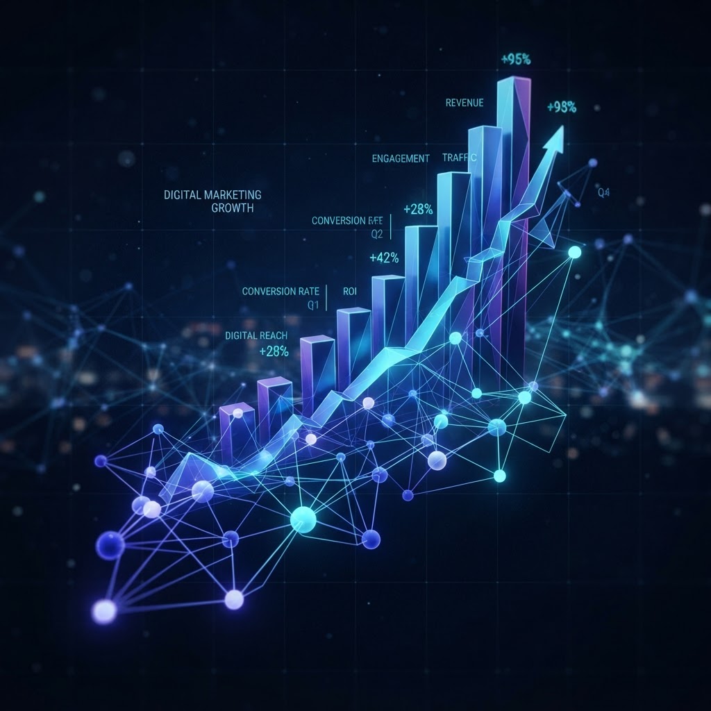 Abstract growth visualization with interconnected marketing nodes and rising performance metrics