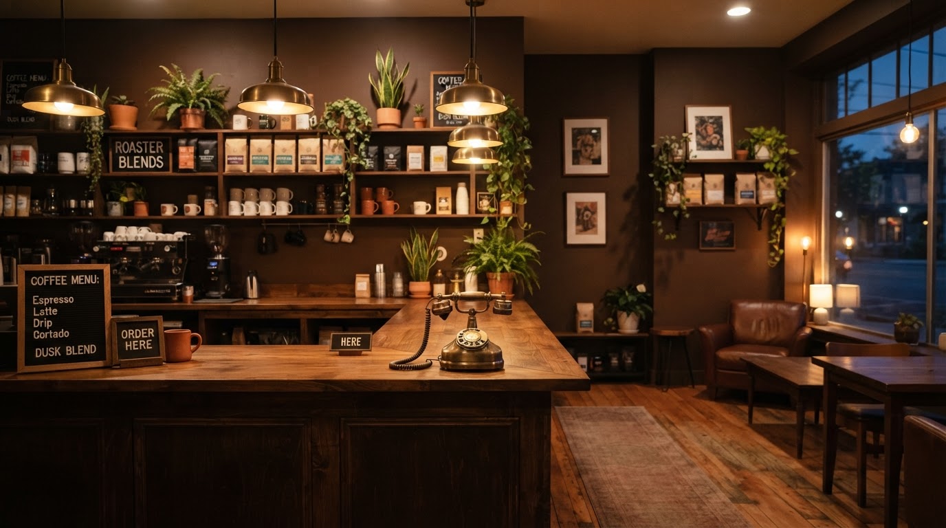 Cozy Copper Kettle counter at dusk with a brass phone