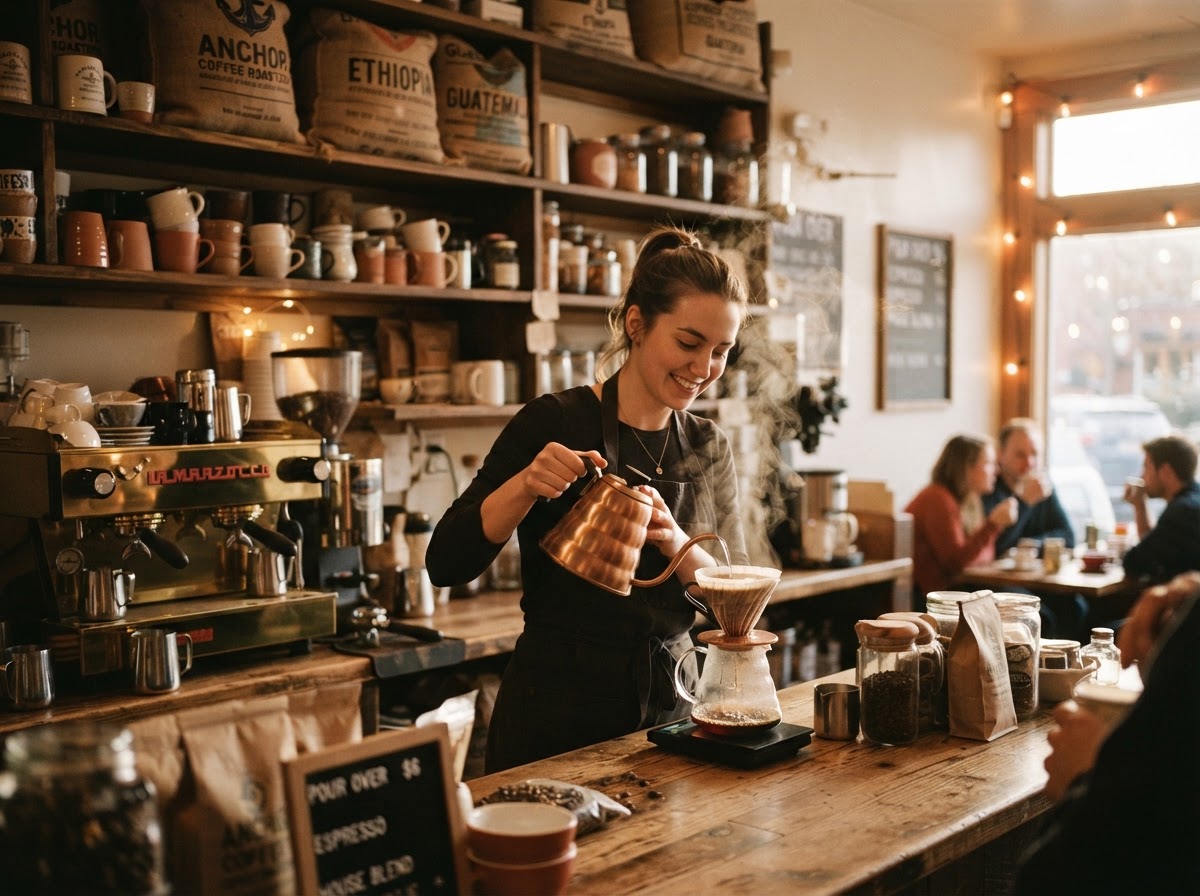 Barista pouring over at the Copper Kettle counter in warm light