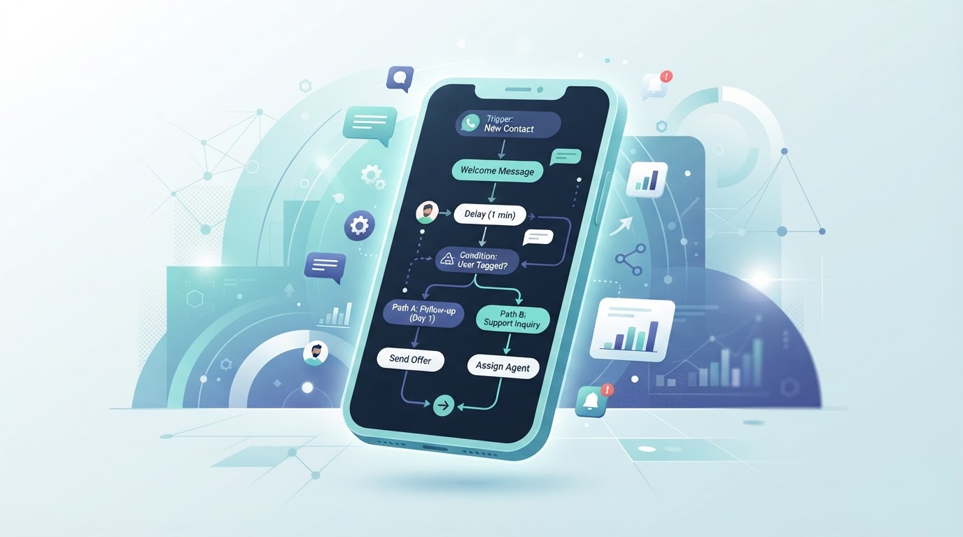 Illustration of WhatsApp automation flows on a smartphone