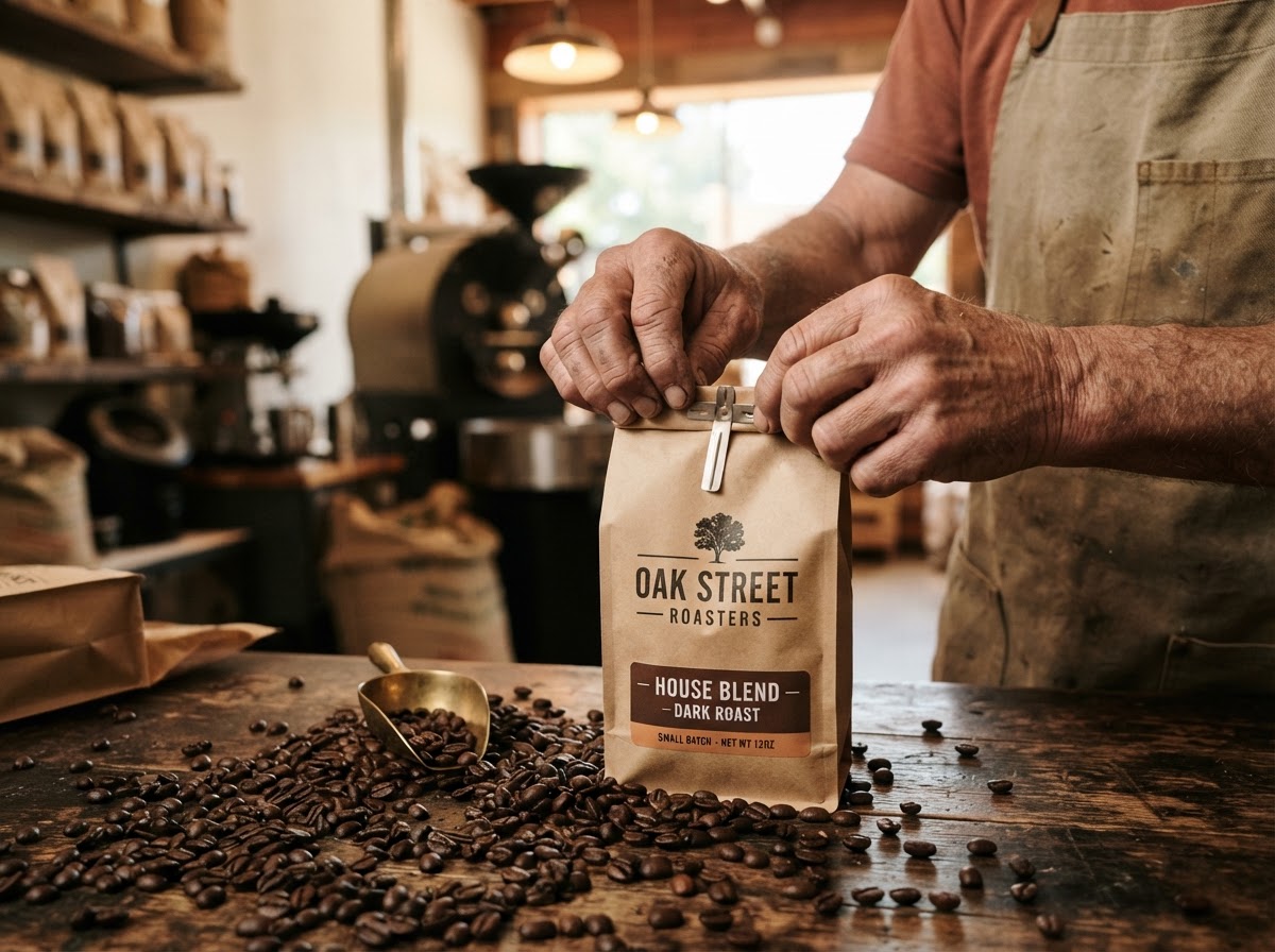 Hands filling and sealing a kraft coffee bag with freshly roasted beans