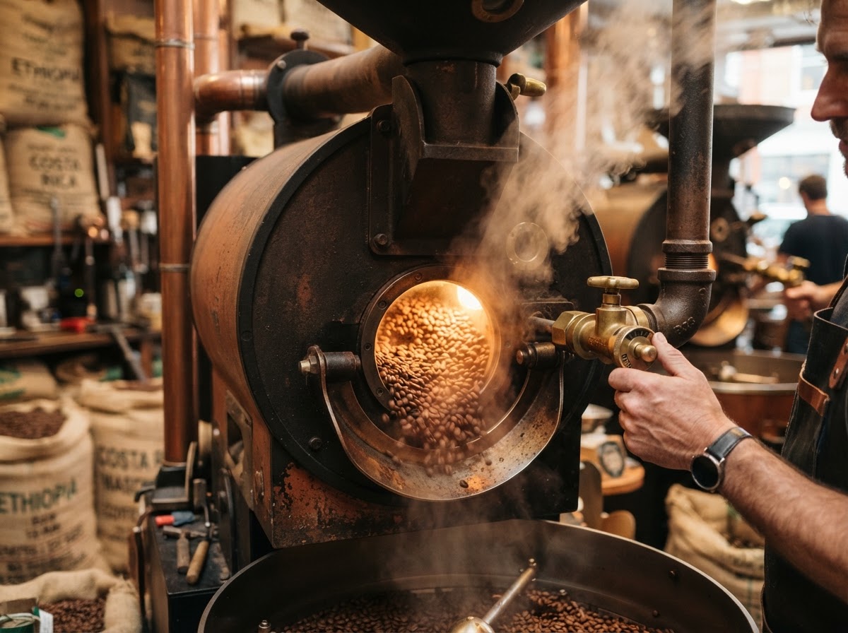 Traditional cast-iron drum coffee roaster in operation with beans tumbling in the glowing drum