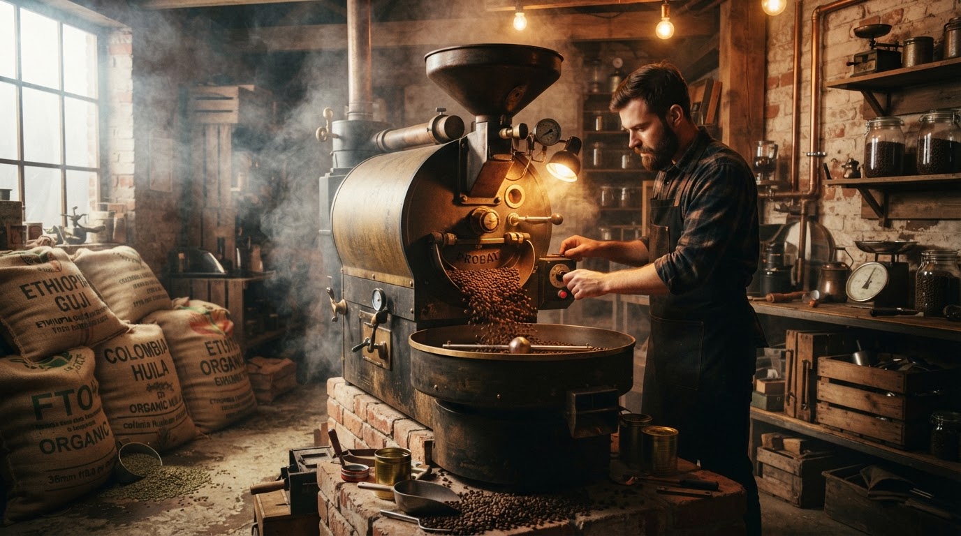Green coffee beans in burlap sacks and a traditional drum roaster on the roasting floor