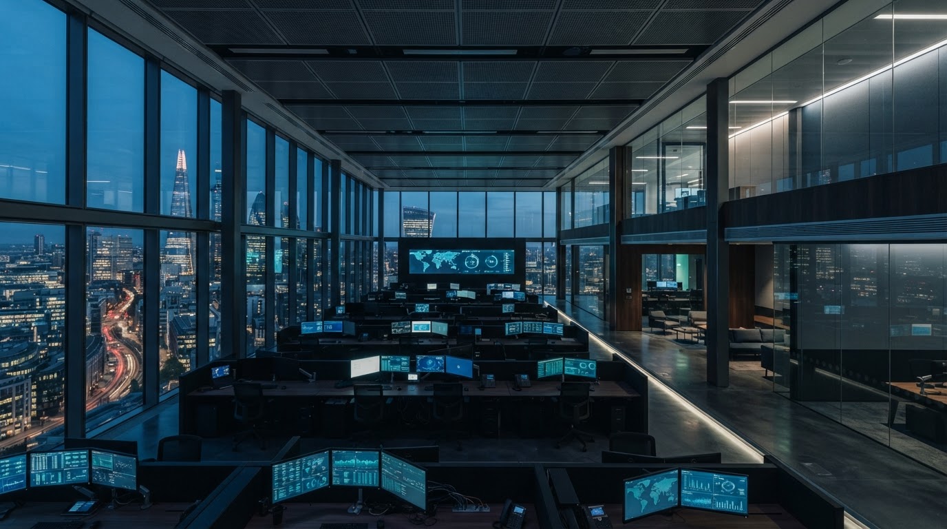 Ambiente corporativo premium ao entardecer