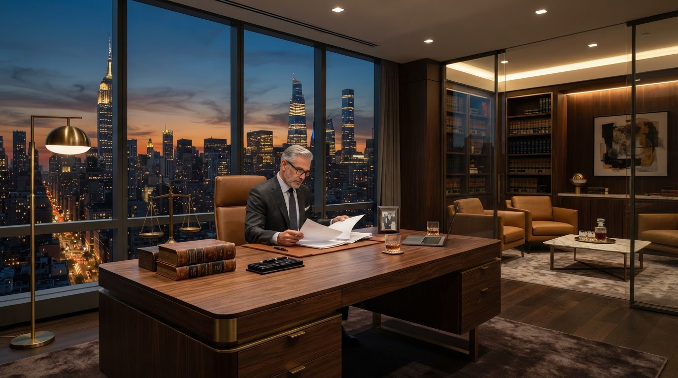 Refined law firm office interior overlooking a city skyline at dusk