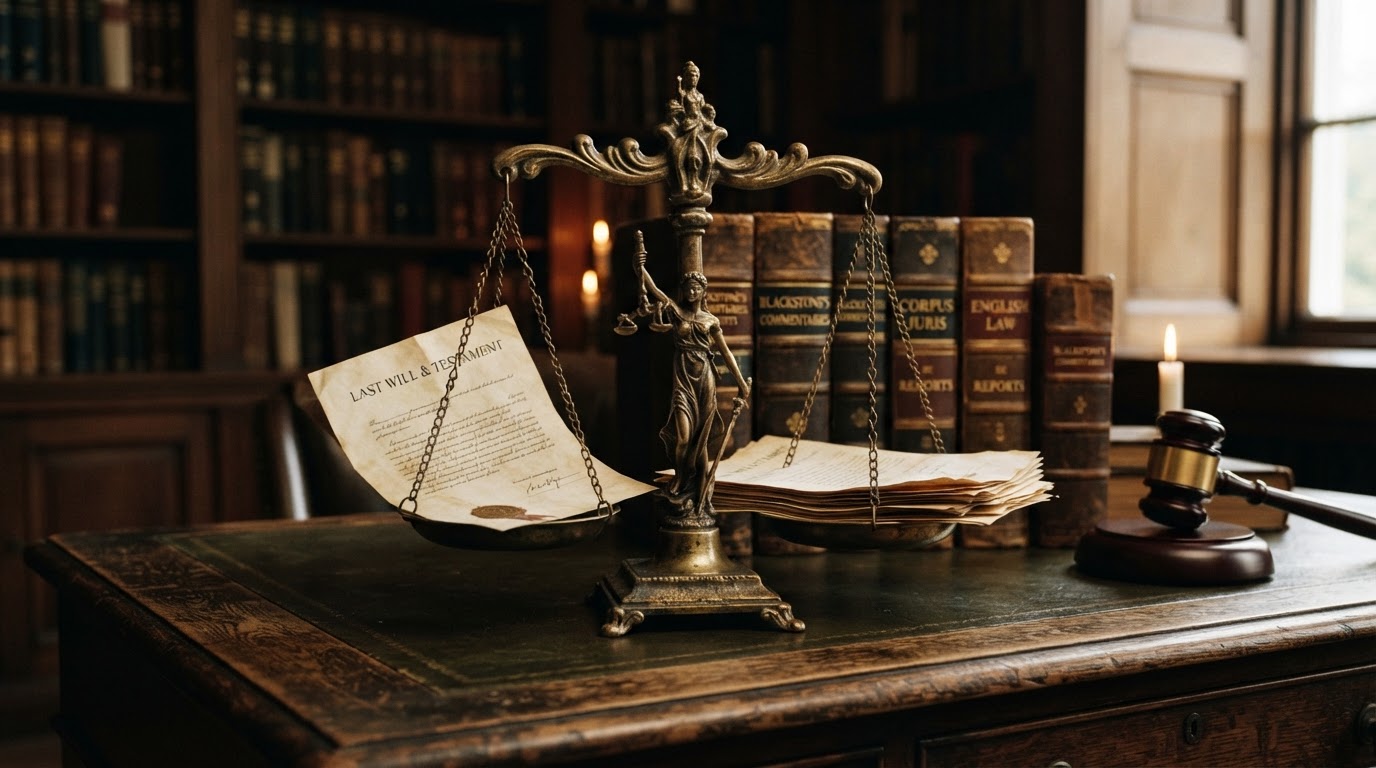 Vintage brass scales of justice on a walnut desk with a gavel and law books