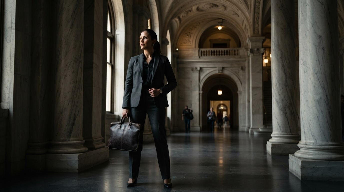 Attorney carrying a briefcase in a grand courthouse corridor