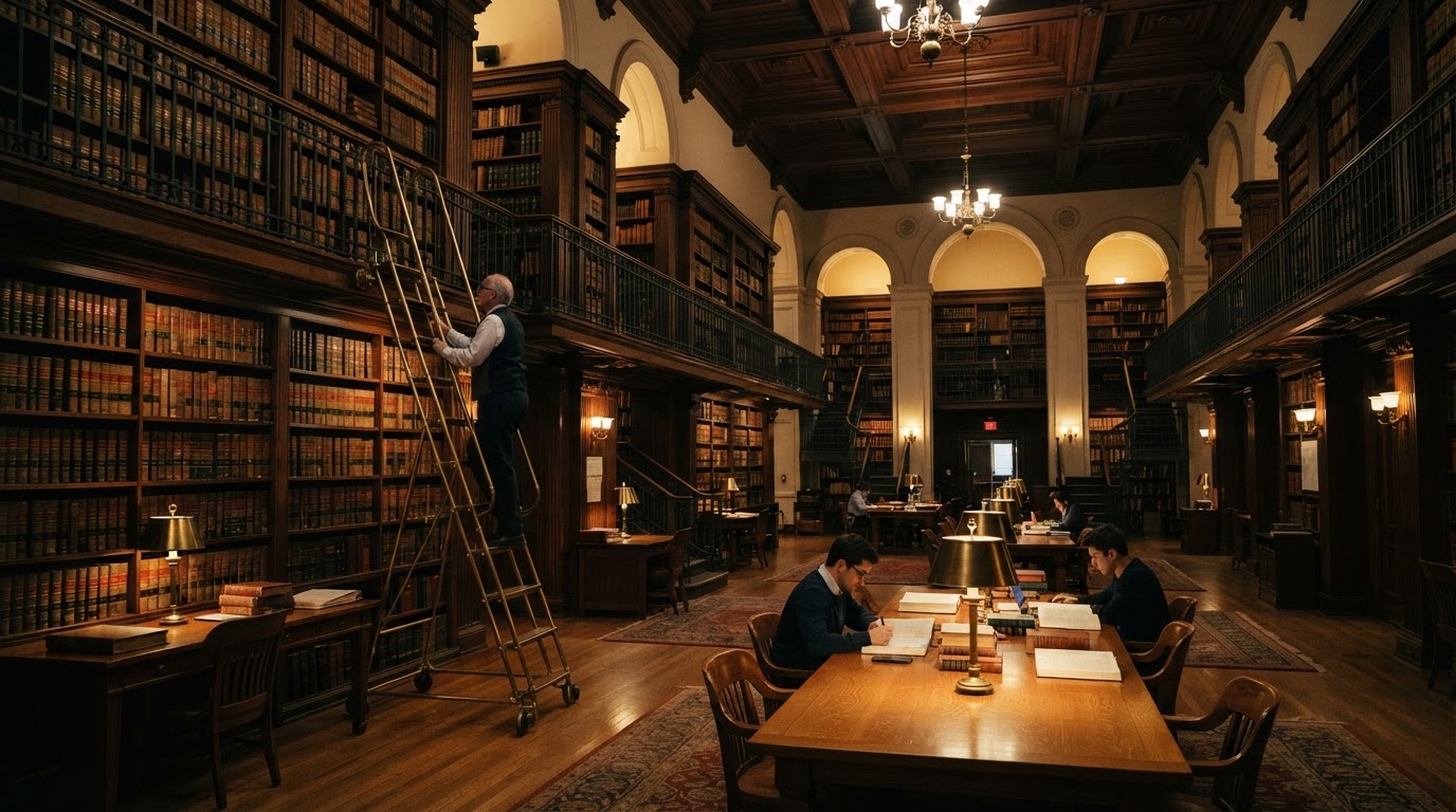 Grand classic law library with leather-bound legal volumes and brass ladder