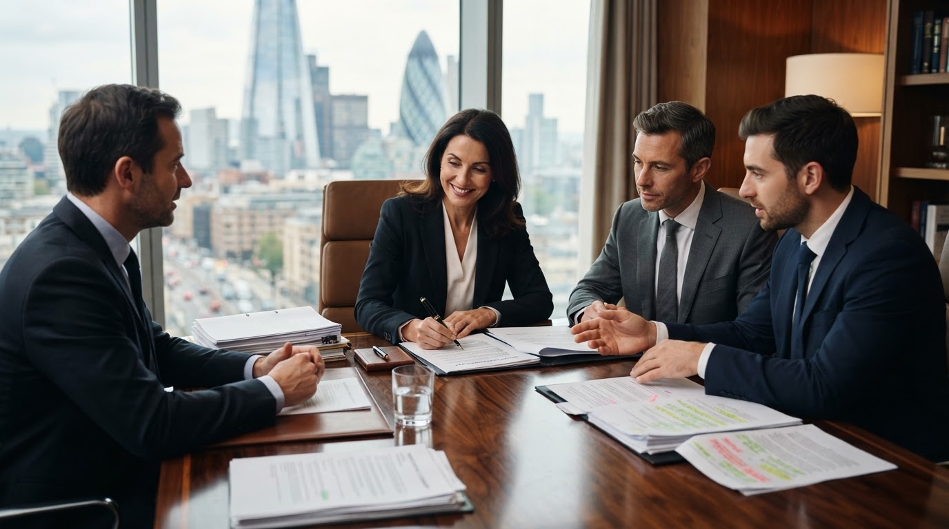 Attorneys conferring over legal documents and contracts around a conference table