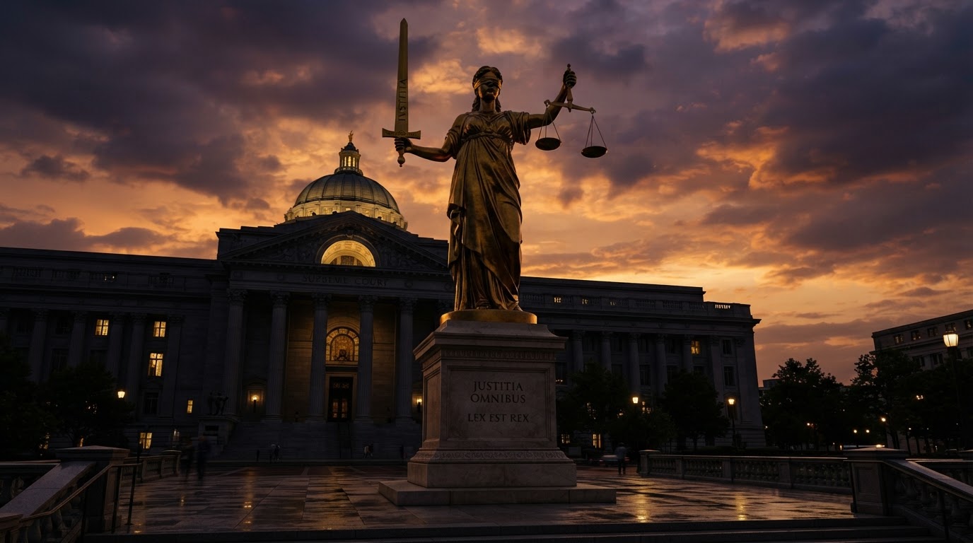 Monumental golden statue of Lady Justice silhouetted against a dusk sky
