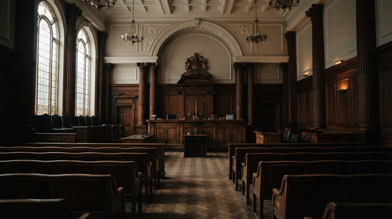 Interior of a historic courtroom with dark wood paneling and the scales of justice
