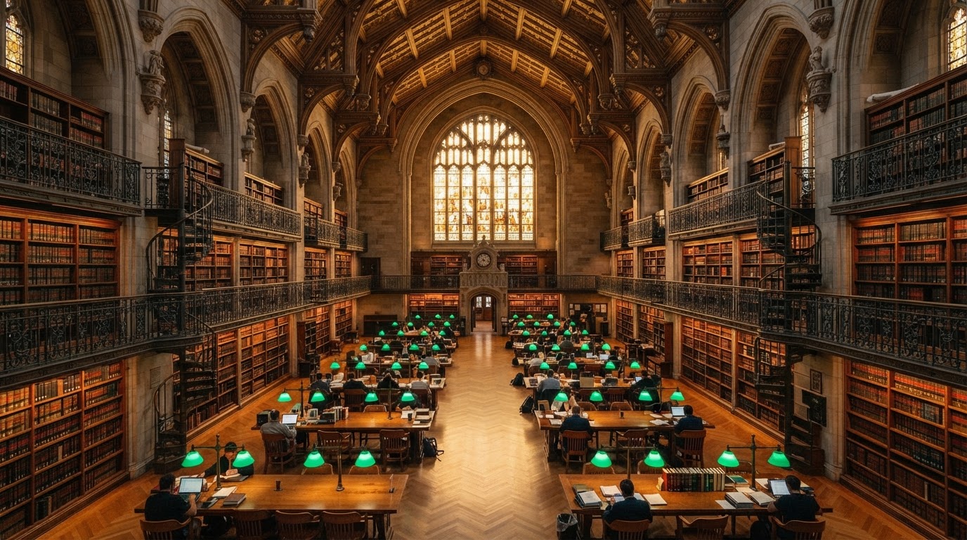 Overhead view of a grand classical law library with rows of legal volumes