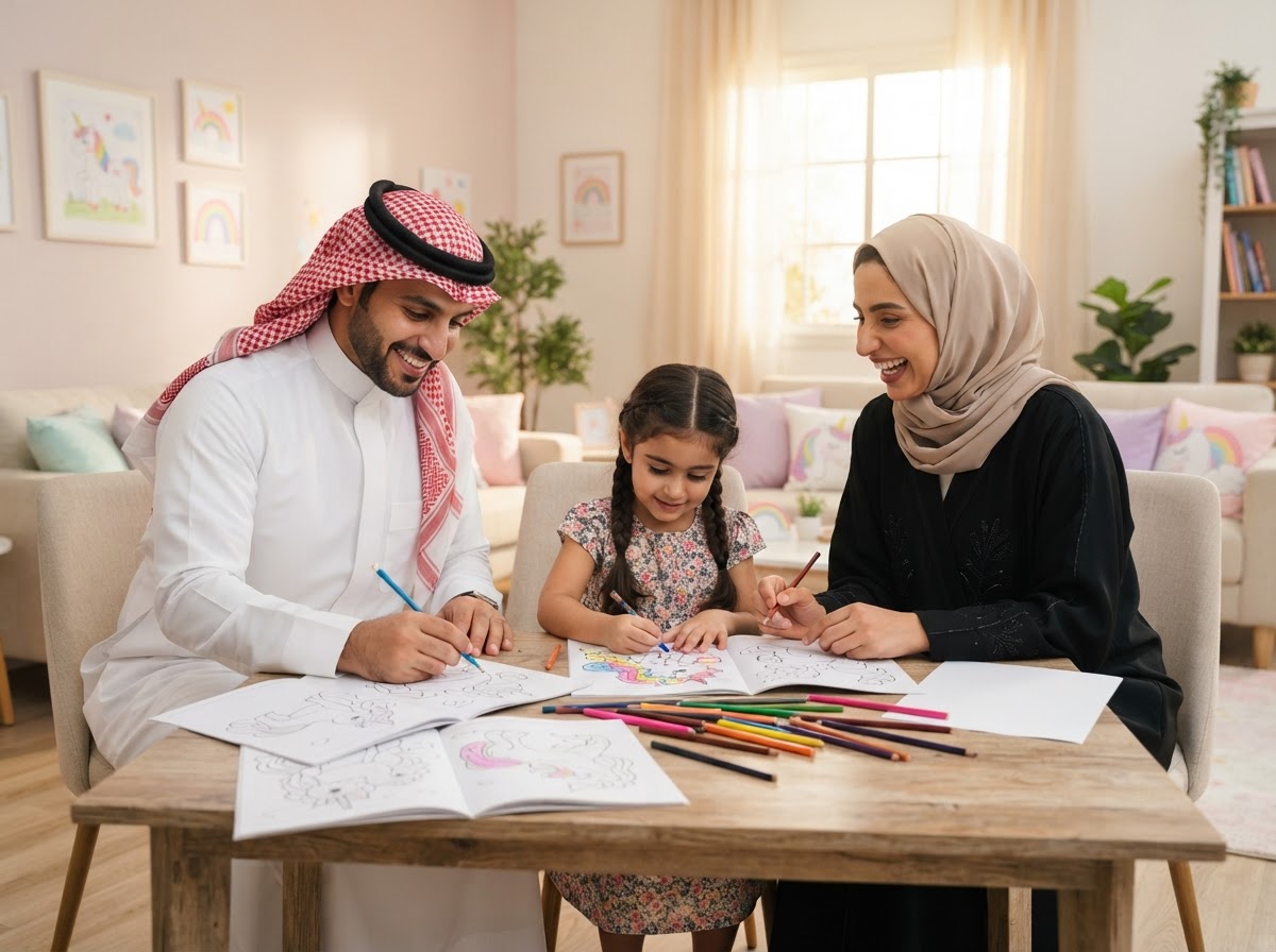 عائلة خليجية تستمتع بتلوين صفحات اليونيكورن مع طفلها في المنزل