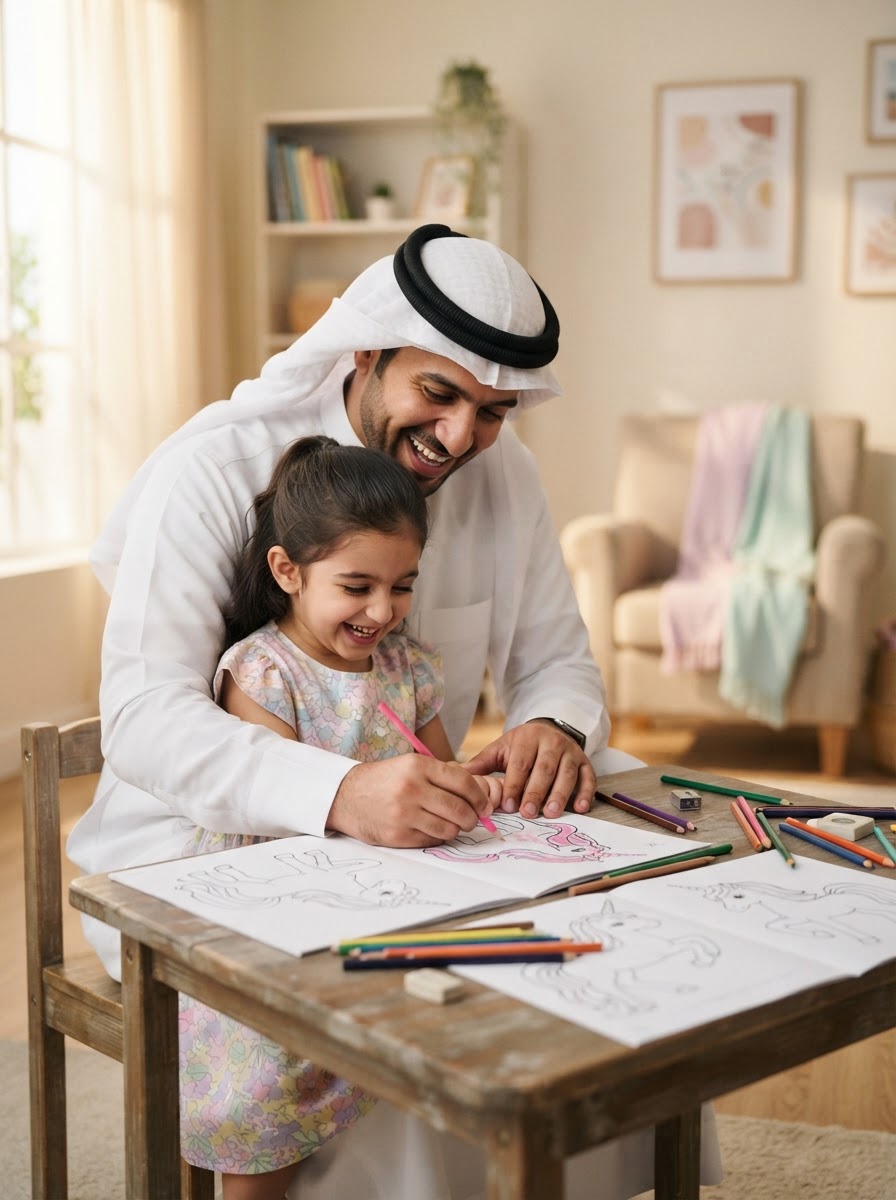 أب خليجي يشارك طفله لحظات التلوين معًا في المنزل