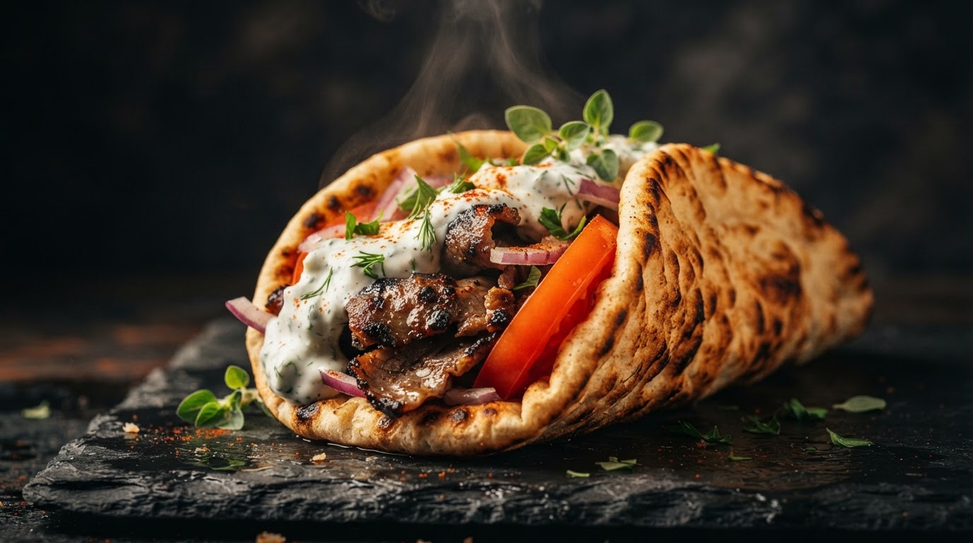Loaded lamb gyro with fresh toppings and tzatziki