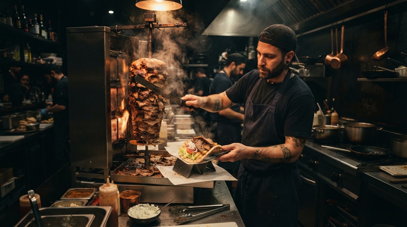 Lamb and chicken shaving off a vertical rotisserie spit