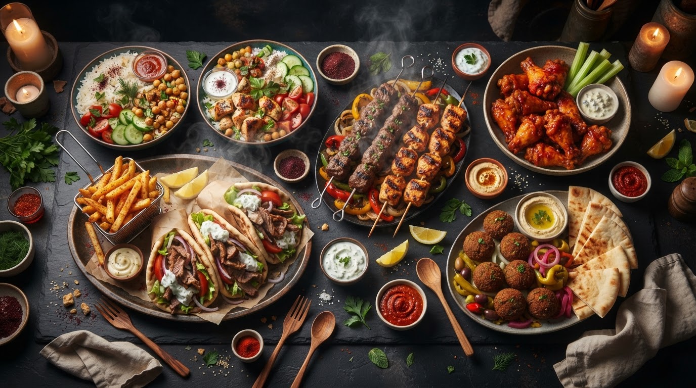 Spread of gyros, rice bowls, kebabs and fries