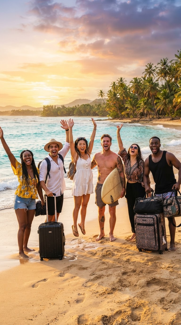 Joyful friends laughing and celebrating on a tropical beach at golden hour