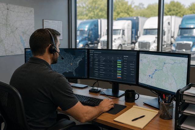 D Leader Logistics live dispatch operations room with multi-screen load boards and route tracking