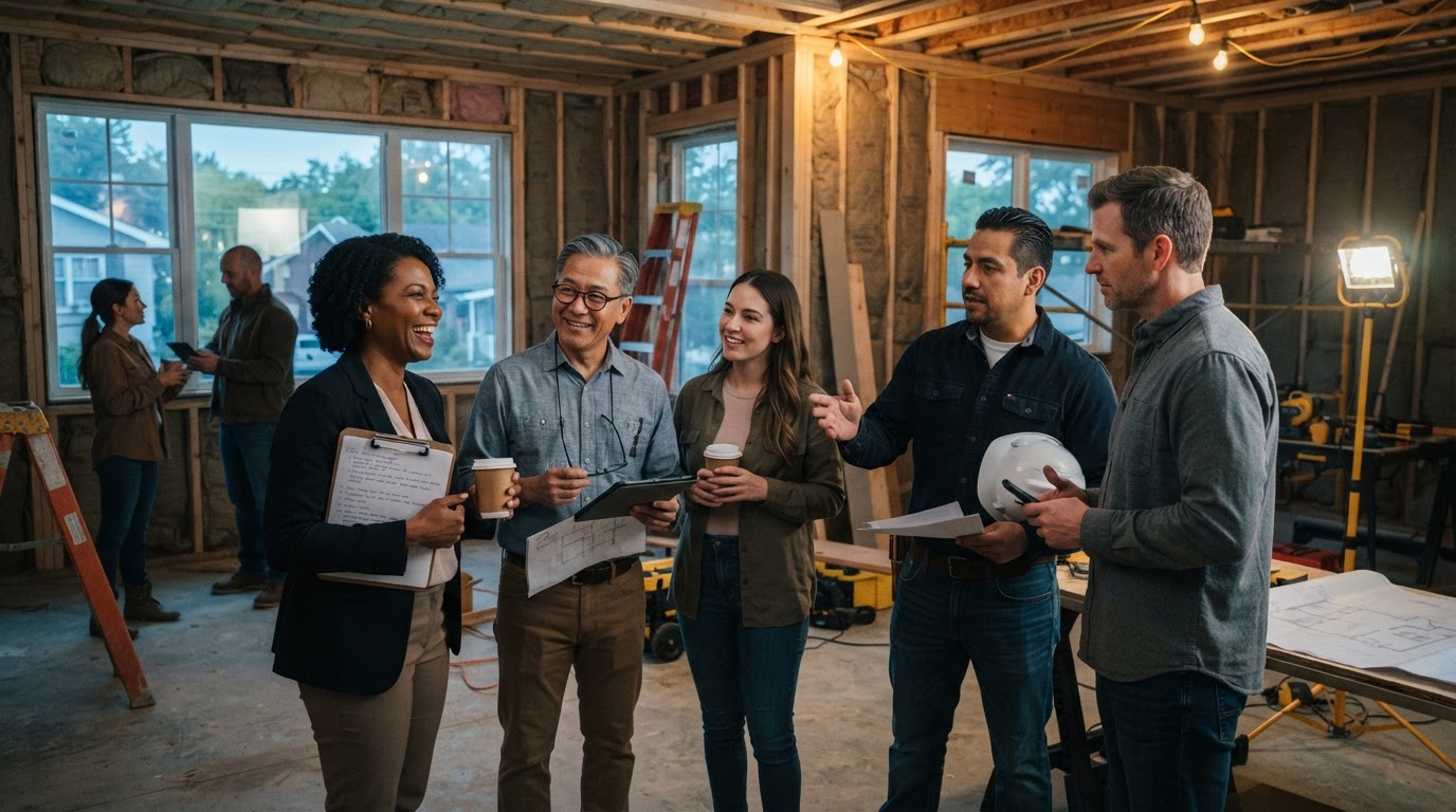 Real estate community members collaborating at a property